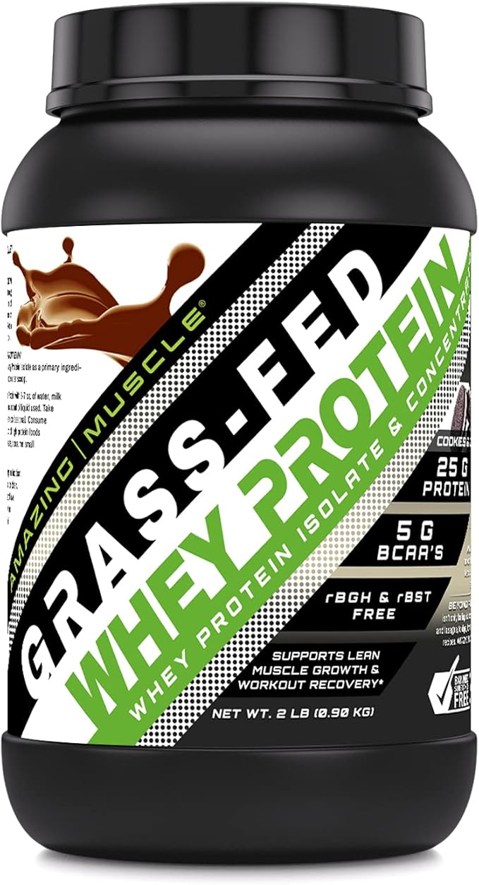 Amazing Muscle Grass-Fed Whey Protein Supplement | 25 G per Serving | Cookies &amp Cream Flavor | 2 Lb (0.90 Kg) | Non-GMO | Gluten-Free | Made in USA