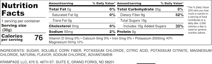 Krampade High Fiber High Potassium Electrolyte Powder Low Sugar Lemon Lime 9g Dietary Fiber 3950mg Electrolytes 2000mg Potassium 50mg Mag Digestive Health Support Cramp Relief 16 Packets