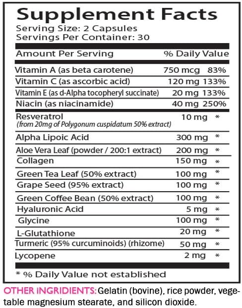 Alpha Lipoic Acid - Anti-Wrinkle Complex - Collagen Care Lycopene Green Coffee Bean L-Glutathione Aloe Vera Grape Seed Turmeric Hydration Solution Skin Texture 3 Bottles 180 Capsules