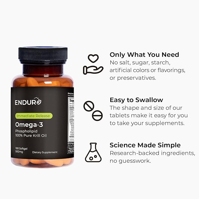 Endur Omega-3 Phospholipid (100% Pure Krill Oil) Heart Health Supplement Formulated for Optimal Absorption Gluten Free 500mg (180 Softgels)