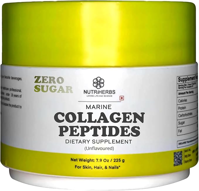 Nutriherbs Hydrolyzed Marine Collagen Peptides Powder | Type 1 Protein Supplement | Unflavored Dietary Supplement | Supports Skin Elasticity Joint Function Hair Growth &amp Healthy Nails | 30 Servi