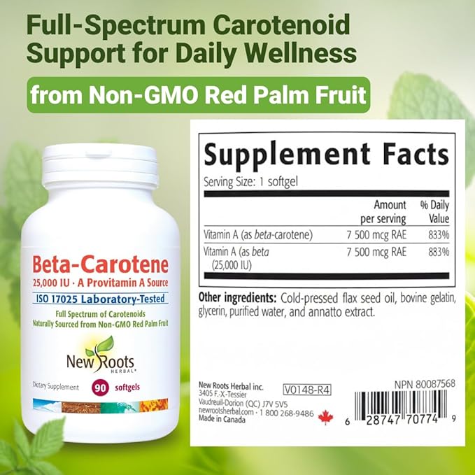 NEW ROOTS HERBAL Beta-Carotene 25000 IU Supplements | Vitamin A (90 Softgels) | Full Spectrum of Carotenoids | Naturally Sourced from Non-GMO Red Palm Fruit + Organic Flax Seed Oil