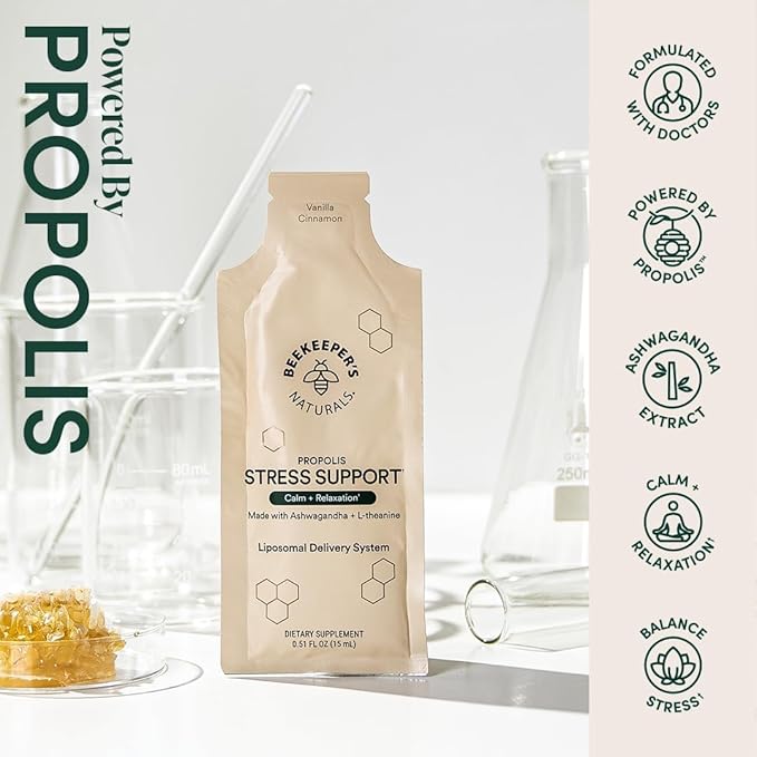 Ashwagandha Liposomal Stress Support by Beekeeper's Naturals 600mg with Propolis L-Theanine Anti-Stress Support for Calm &amp Relaxation 30ct