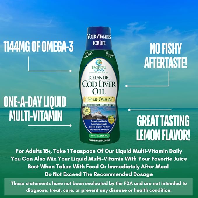 Tropical Oasis - Icelandic Cod Liver Oil | Maximum Strength 1144mg of Liquid Wild-Caught Natural Omega-3 Fish Oil (Lemon Flavor 90 Servings)