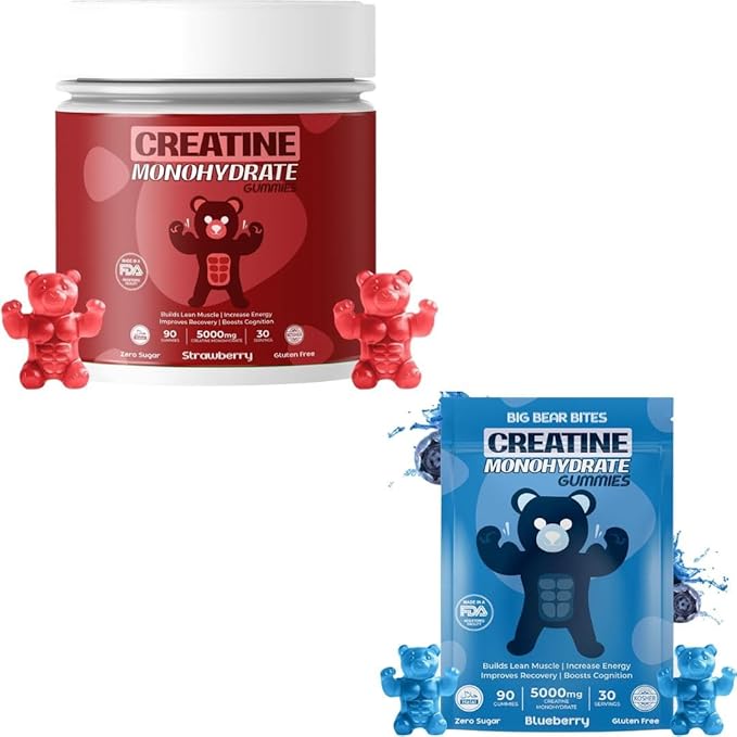 Creatine Monohydrate Gummies Pouch &amp Bottle Bundle for Men &amp Women | 5000mg of Creatine Gummie Per Serving | Zero Sugar Gluten Free &amp Halal | Pack of 90 | Blueberry &amp Strawberry Flavo
