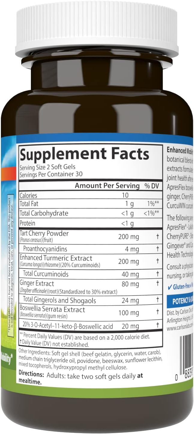 Carlson - Enhanced Mobility Botanical Joint Support Boswellia Tart Cherry Curcumin Ginger 60 Softgels