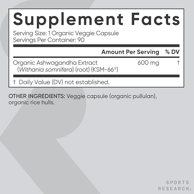 Sports Research® Organic Ashwagandha – Adaptogen for Relaxation Calm &amp Sleep Support – Made with Organic KSM-66® – 600 mg – Non-GMO Verified Gluten-Free Certified Vegan – 90 Veggie Capsules