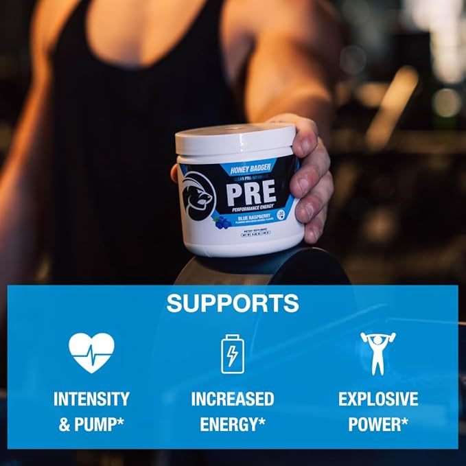 Honey Badger Pre Workout Powder Keto Vegan Preworkout for Men &amp Women Beta Alanine &amp Caffeine Sugar Free Natural Energy Supplement Blue Raspberry 30 Servings