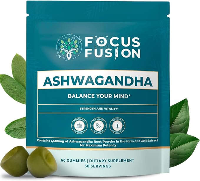 Focus Fusion Ashwagandha Gummies with Vitamin D2 &amp Zinc – Extra Strength Stress Relief Mood &amp Focus Support – Calm Energy &amp Immune Boost – Vegan Non-GMO Fruity Mix Berry Flavors (60 Cou