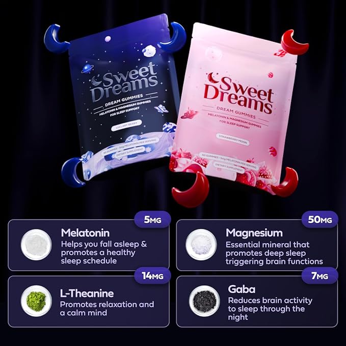 SweetDreams Dream Gummies Natural Sleep Aid for Adults 5mg Melatonin Magnesium &amp L-Theanine - Vegan Gummy Supplement - Melatonin Gummies for Deeper Sleep (60 Count - Lullaby Berry)