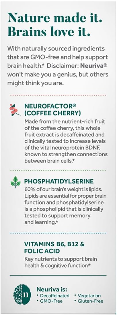 NEURIVA Plus Brain Supplement for Memory Focus &amp Concentration + Cognitive Function with Clinically Tested Nootropics Phosphatidylserine and Neurofactor VIT B6 &amp B12 30 Count Capsules (3 Pa