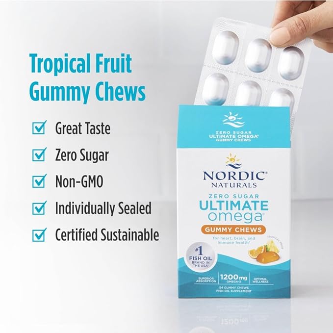 Nordic Naturals Zero Sugar Ultimate Omega Gummy Chews - Tropical Fruit - 54 Gummy Chews - Non GMO - Optimal Wellness - 27 Servings
