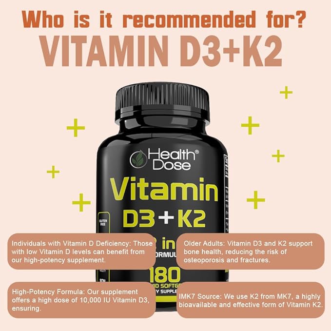 Health Dose Vitamin D3 10000 IU + K2 (MK7) Supplement 2-in-1 Formula Immune Support a Healthy Mood Heart Joint Teeth Bone Health Calcium Absorption 180 softgels. (1)