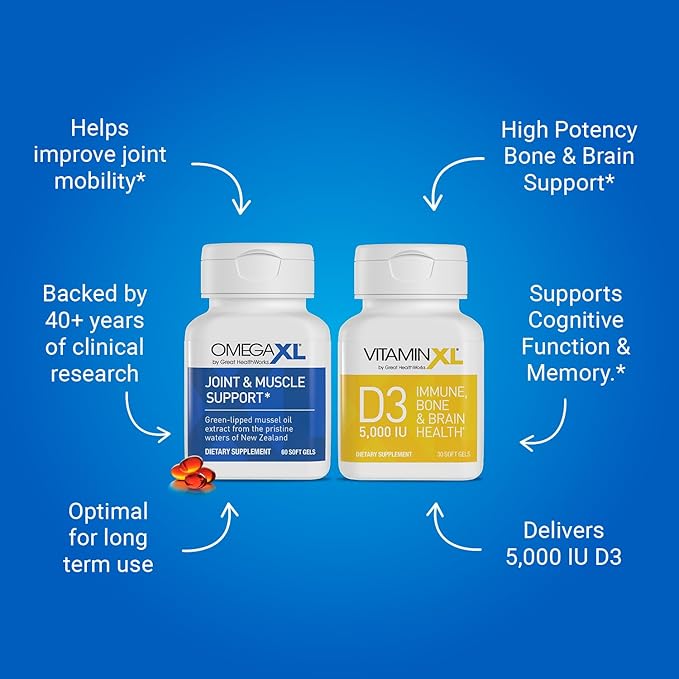 OmegaXL Joint Support Supplement - Natural Muscle/Immune Support 60 Softgels (2 Pack) &amp VitaminXL D3 High Potency Daily Vitamin D 5000 IU 125mcg Supplement (30 Softgels)