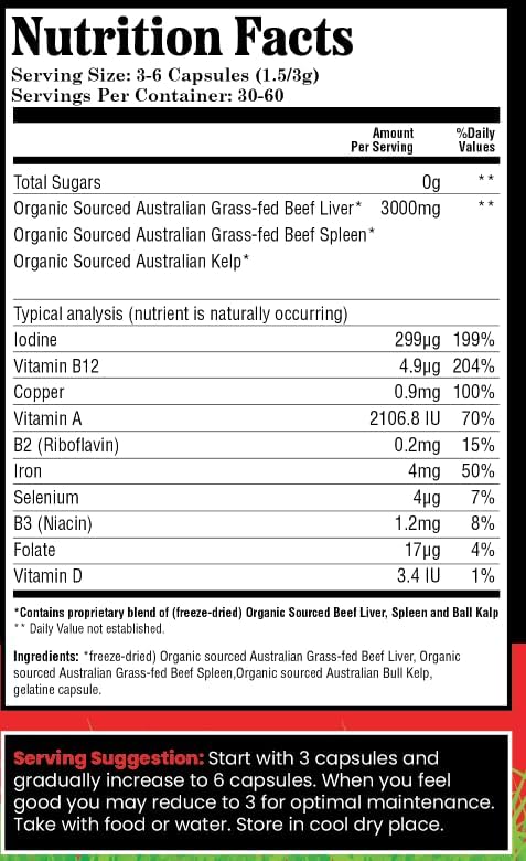 GRASSLAND NUTRITION 100% Organic Australian: Iron Support Beef Organ Blend and Spleen - High in Iron B12 Iodine (180 Capsules)