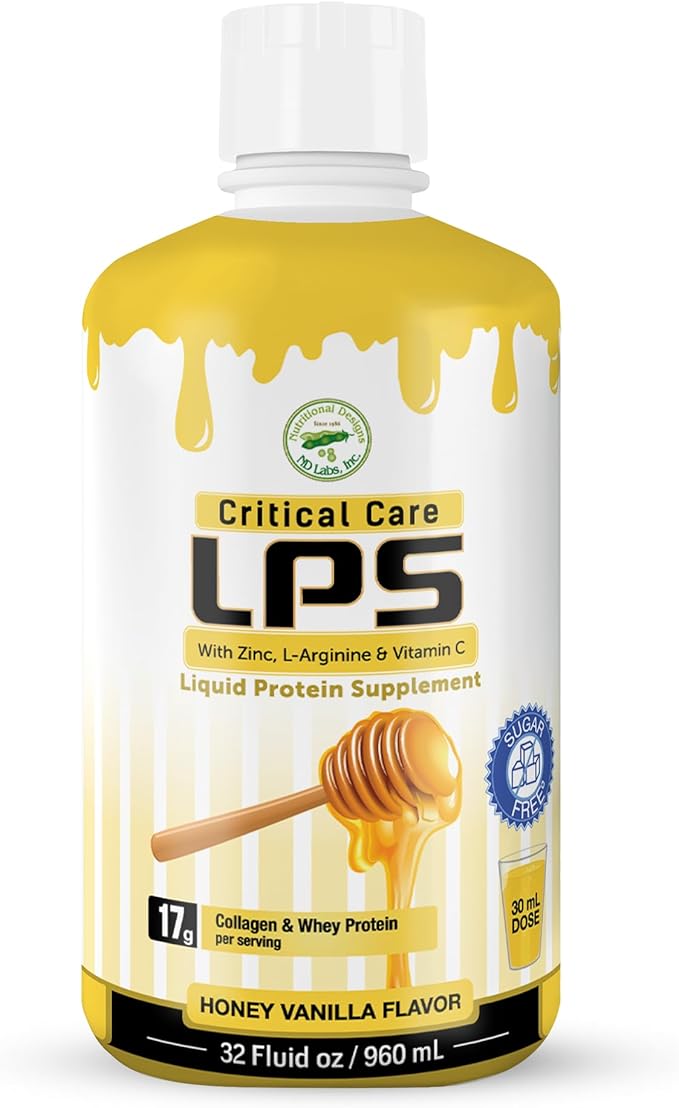 Nutritional Designs LPS Liquid Collagen &amp Whey Protein Supplement Sugar-Free Non-GMO Drink Promotes Healthy Skin &amp Hair for Men &amp Women. (Critical Care) Honey Vanilla