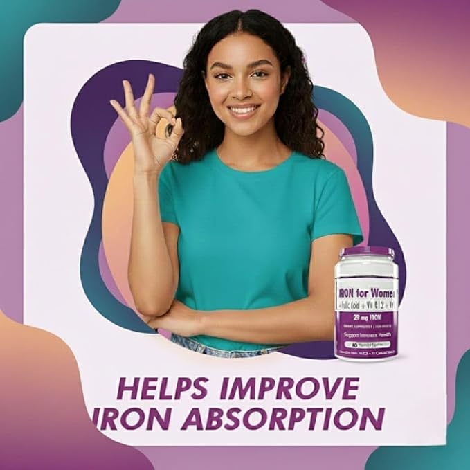 Iron Supplement for Women -100% Chelated - with Vitamin B12 Folic Acid &amp Vitamin C for High Absorption (60 Veg Capsules)