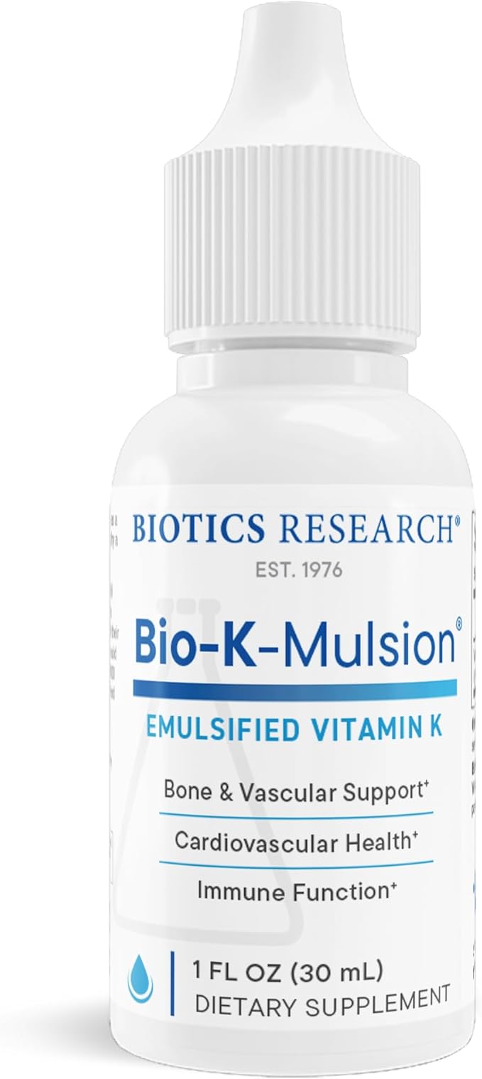 Biotics Research Bio K Mulsion Liquid Vitamin K Drops - 500 mcg/S - Vitamin K1 phytonadione for Adults - VIT K Supplement - Strong Bones Heart Health Blood Clotting Support 1 fl oz