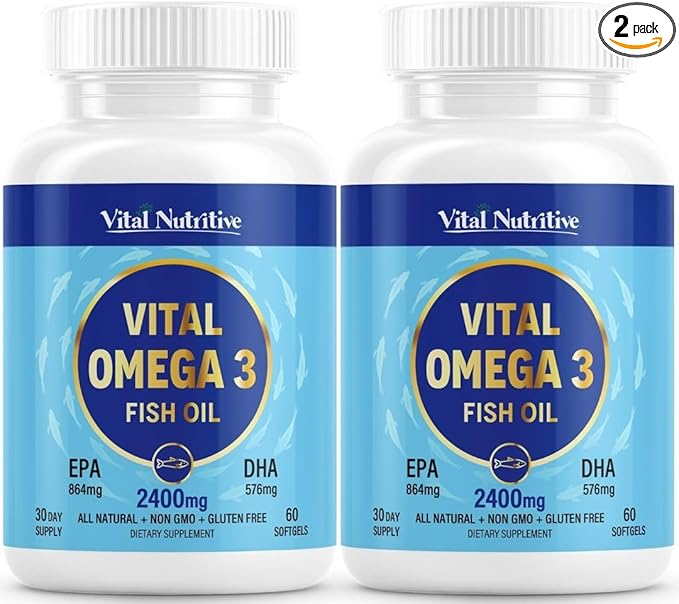 Vital Omega 3 Fish Oil Supplements 2400mg | 864mg EPA &amp 576mg DHA | 1440mg Total Omega-3 Fatty Acids | Promotes Brain &amp Heart Health | Non-GMO Gluten-Free Sugar-Free | Lemon | 60 Day Serving