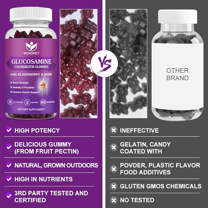WOGORGT Glucosamine Chondroitin Gummies for Women &amp Men - 1500mg Glucosamine Chondroitin with MSM &amp Elderberry - Flexibility &amp Immune Support - 60 Gummies (2 Pack)