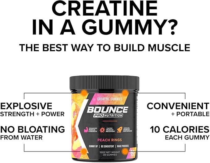 Bounce Pro Creatine Monohydrate Gummies for Men &amp Women Low Calorie 6G of Creatine per Serving Vegan Anti-Melting Gluten-Free Non-GMO 2g of Creatine per Gummy (30ct Peach Rings)