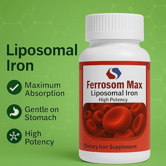 Max Liposomal Iron Supplement 60 Capsules (45mg Pure Elemental Iron) by Siba Pharm | Maximum Absorption Formula | Non GMO Vegan Premium Quality | Helps New Blood Cell Production.