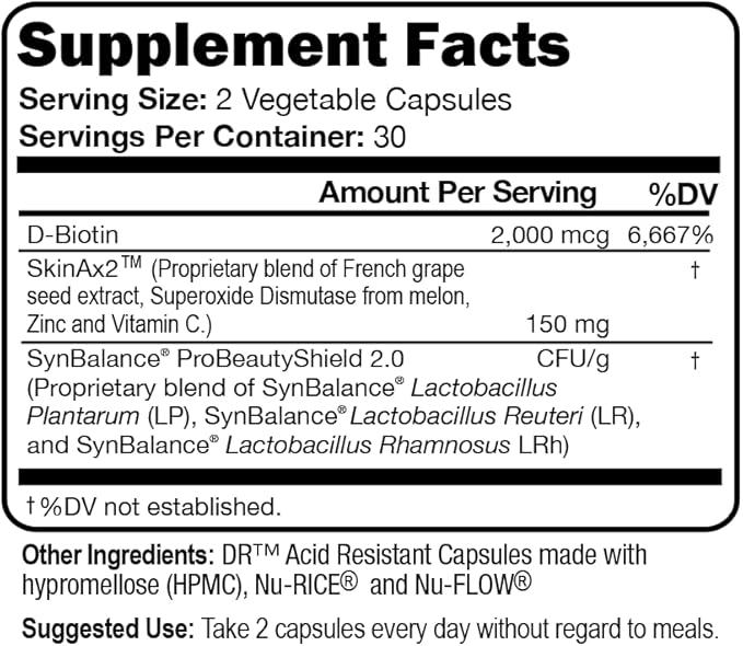 Script Essentials DermaScript Clear Skin Probiotic- Skin Care Routine Supplement - Biotin Face Supplemnt - Fights Acne Dryness Irritation and Rashes (60 Capsules)