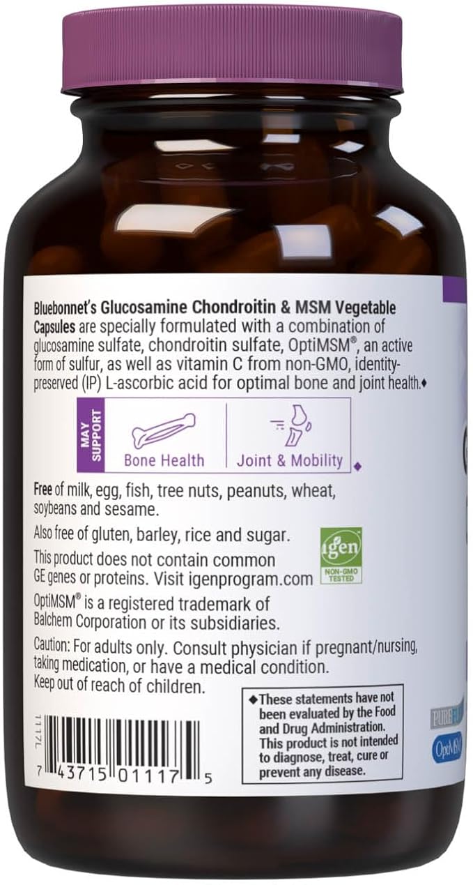Bluebonnet Nutrition Glucosamine Chondroitin &amp MSM Glucosamine Bone &amp Joint Health* Non-GMO Gluten-Free Soy-Free Dairy-Free 60 Vegetable Capsules 20 Servings
