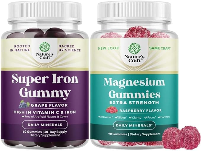 Bundle of Delicious Iron Gummies for Women and Men - Iron Supplement for Women and Men with Vitamin C for Higher Absorption and Extra Strength Magnesium Gummies for Adults - Relaxing Magnesium Citrate