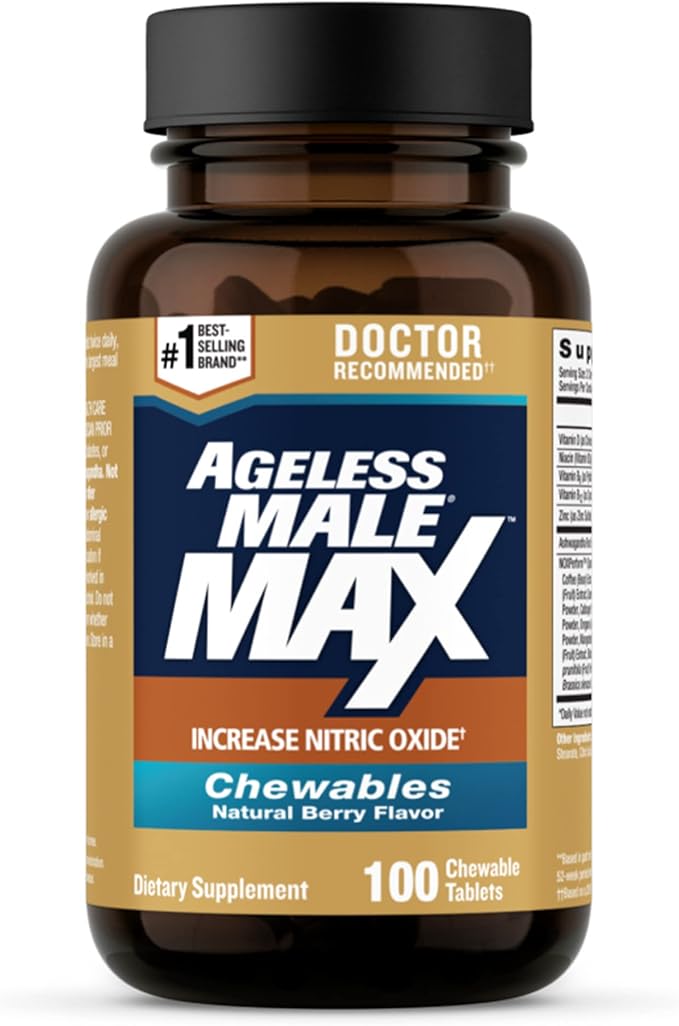 Ageless Male Max Chewable Nitric Oxide Booster Supplement for Men – High Potency Ashwagandha Extract to Boost Workouts Muscle &amp Performance Reduce Stress Support Sleep - 100 Count