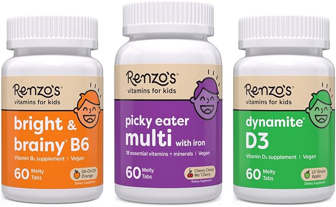 Renzo's Vitamins Adventurous Kid Bundle - Picky Eater Kids Multivitamin Vitamin D3 for Kids and Bright &amp Brainy Vitamin B6