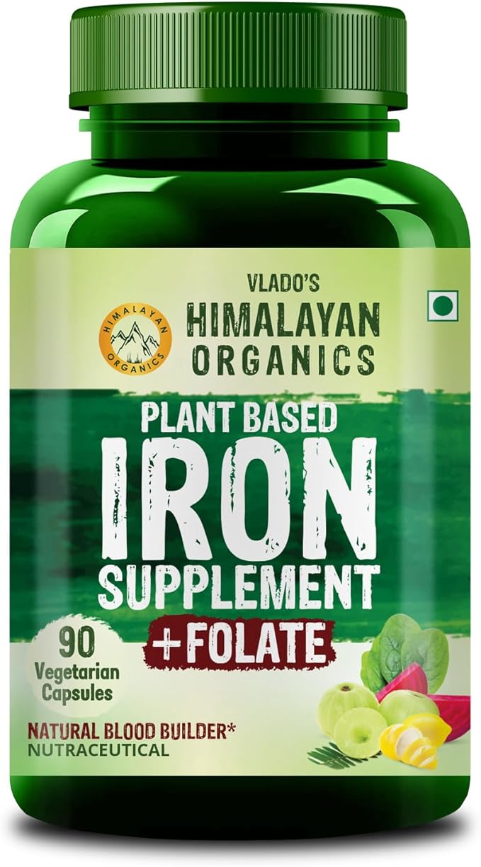HIMALAYAN ORGANICS Organics Plant Based Iron Supplement with Folate | Improved Hemoglobin &amp Oxygen Capacity | Stomach Friendly | Boost Energy (90 Capsules)