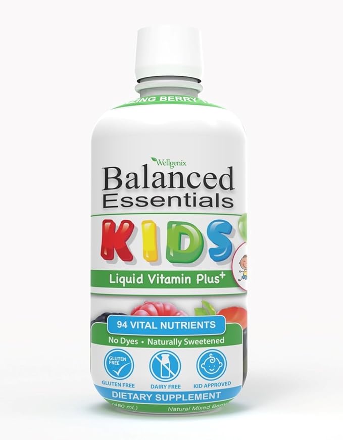 Wellgenix Balanced Essentials Kids Liquid Multivitamin – 94 Nutrients Including Vitamins Minerals &amp Omega Fatty Acids – Mixed Berry Flavor – 16 fl oz