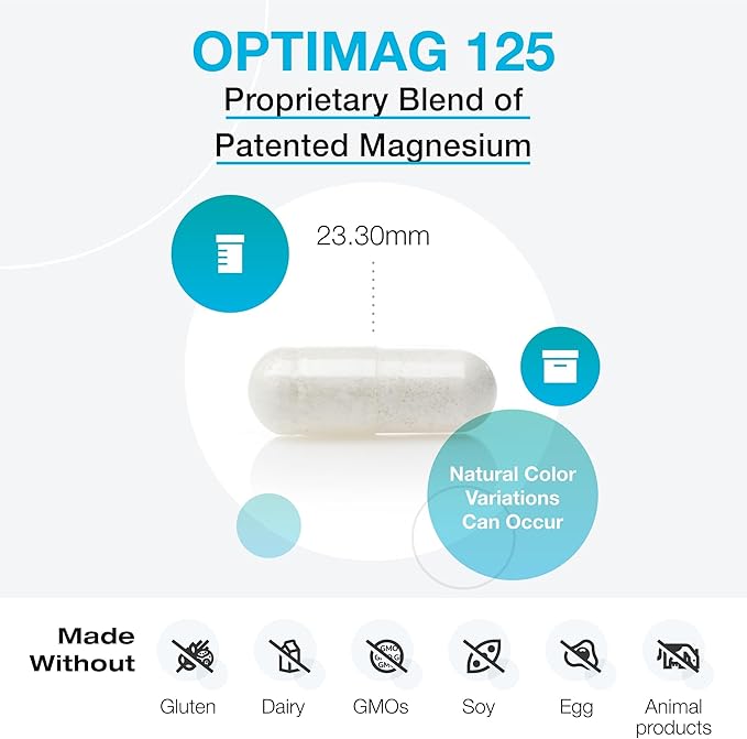 XYMOGEN OptiMag 125 - Magnesium Glycinate &amp Malate - Muscle &amp Nervous System Support - Gentle Daily Magnesium - 120 Capsules
