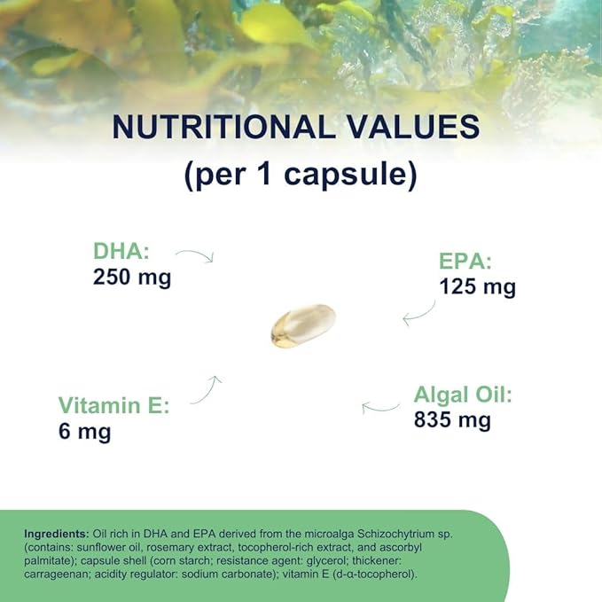 Vegan Omega 3 Supplement OMEGOR Veg - Algae Oil Omega 3 with 250mg EPA and 125mg DHA with Vitamin E - Vegan Society and IFOS Certified (60 Caps)