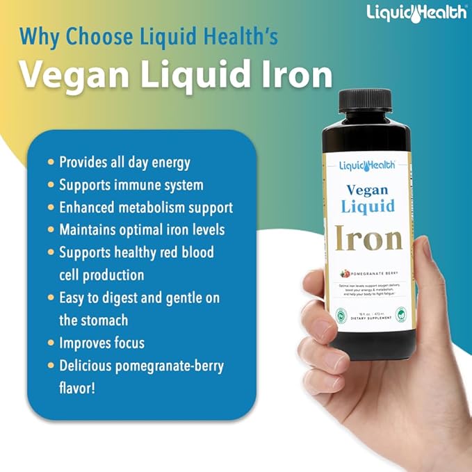LIQUIDHEALTH Vegan Liquid Iron Supplement with SunActive &amp Ferrochel Fe - Natural Energy Immune System &amp Metabolic Support Increase Mental Clarity Prenatal/Postnatal - USA Made Non-GMO (2