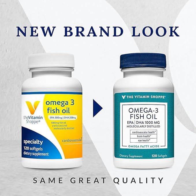 The Vitamin Shoppe Omega 3 Fish Oil 1000MG EPA DHA - Heart Health Brain Function &amp Joint Support Molecularly Distilled (120 Softgels)