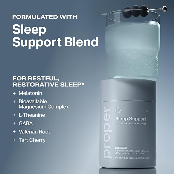 Proper The Blues Sleep Aid – Nutrient-Dense Superfood Powder with + Melatonin Magnesium L-Theanine GABA Valerian Root &amp Tart Cherry – Calm Supplement for Nighttime Relaxation &amp Sleeping