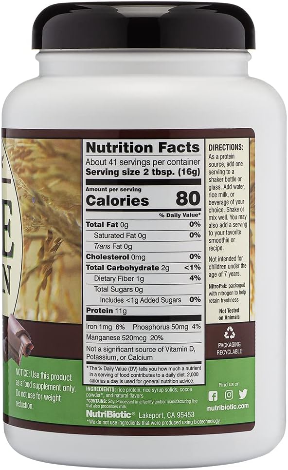 NutriBiotic Chocolate Rice Protein 1 lb. 6.9 oz | Low Carb Vegetarian &amp Keto-Friendly Raw Protein Powder | Grown &amp Processed Without Chemicals GMOs or Gluten | Easy to Digest &amp Nutrient
