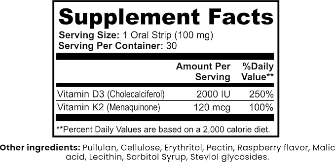 Vitamin D3 + K2 Oral Strips – 30 Count | 100% Natural Gluten‑Free | Immunity Support &amp Bone Health | Fast‑Dissolving Raspberry Strips for Daily Wellness