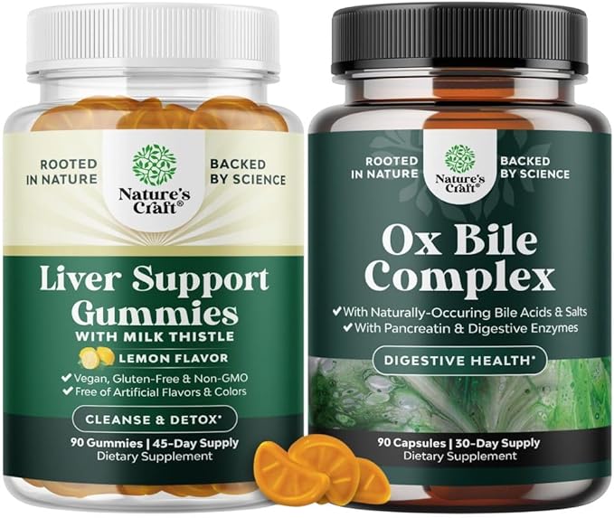 Bundle of Cleansing Herbal Liver Detox Gummies with Artichoke Extract Turmeric Curcumin &amp L-Carnitine and Digestive Enzymes with Ox Bile Trypsin Papain &amp Bromelain Enzyme for Pancrease Cleanse