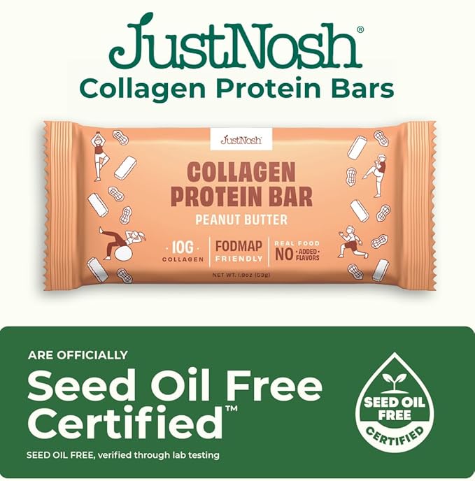 JUSTNOSH Peanut Butter Collagen Protein Bars – 16g Protein 10g Collagen | Gluten &amp Dairy Free Low FODMAP Seed Oil Free (12 Pack)