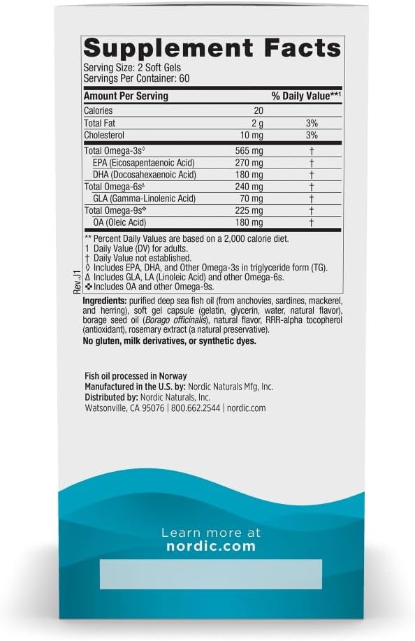 Nordic Naturals Complete Omega Lemon Flavor - 120 Soft Gels - 565 mg Omega-3 - EPA &amp DHA with Added GLA - Healthy Skin Cognition Positive Mood - Non-GMO - 60 Servings