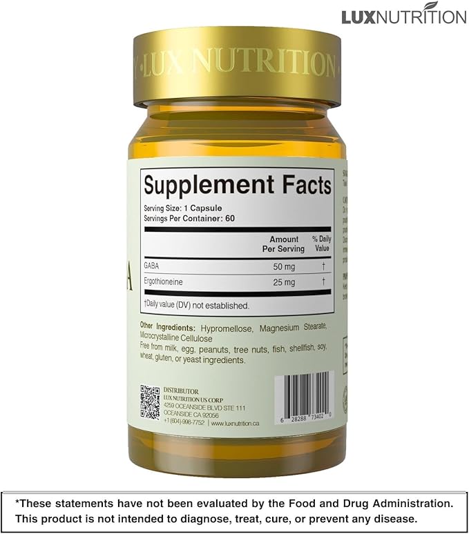 EGT + GABA Supplement | Antioxidant Support &amp Relaxation Aid | Supports Calm Mental Clarity &amp Balanced Mood | 60 Capsules