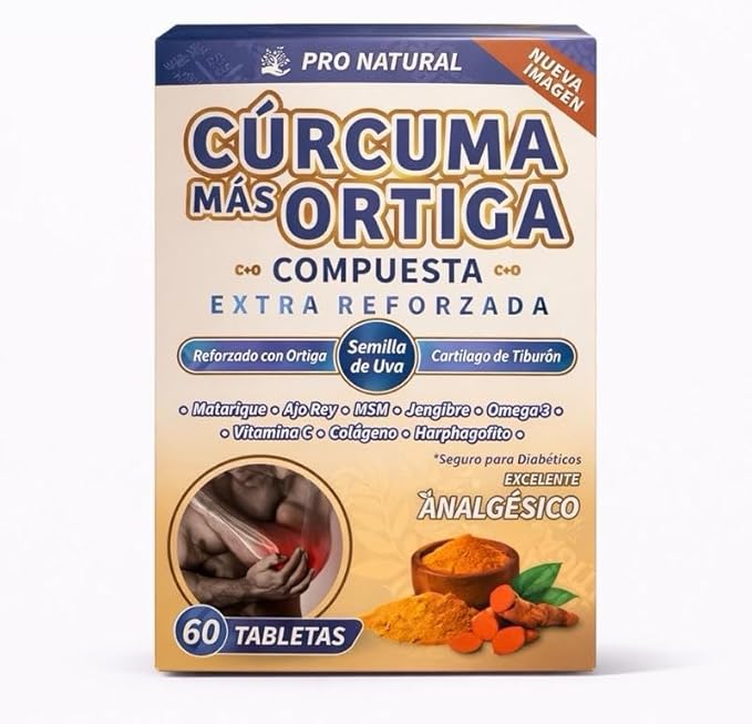 Cúrcuma Más Ortiga Extra Reforzada Turmeric and Nettle Compound with Grape Seed MSM Ginger and Vitamin C 60 Tablets