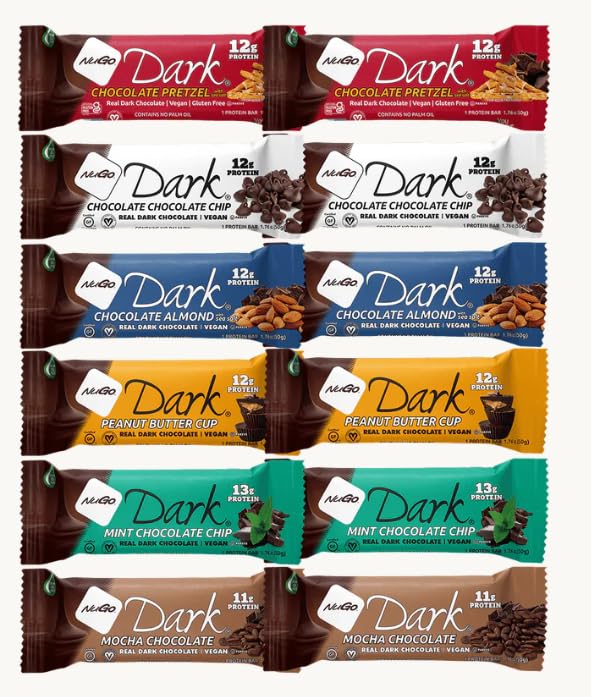 Variety Pack Dark Protein Bars Made for Nugo Nutrition  12 Count – Flavors: Pretzel Chocolate Chip Mint Mocha Peanut Butter Coconut or Almond – Kosher Pareve Dairy-Free Vegan Gluten-Free