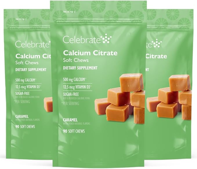 Celebrate Vitamins Bariatric 500mg Calcium Citrate Soft Chews with 500 IU Vitamin D3 – Essential for Gastric Bypass Patients &amp Bone Health - Sugar &amp Gluten Free Caramel (270 Chews)