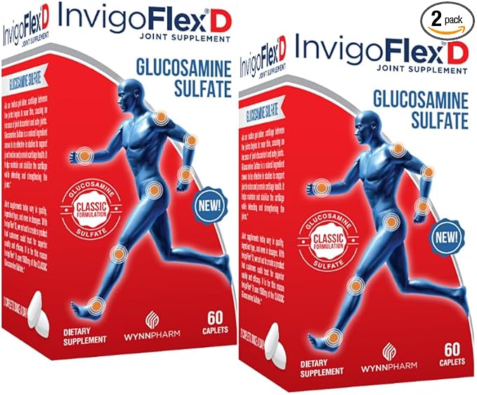 INVIGOFLEX® D - 1500mg of Glucosamine Sulfate (Classic Formulation) - Premium Joint Supplement for Knees Hands Back &amp Hip Support D: Glucosamine Sulfate Caplets - 60 Ct (Pack of 2)