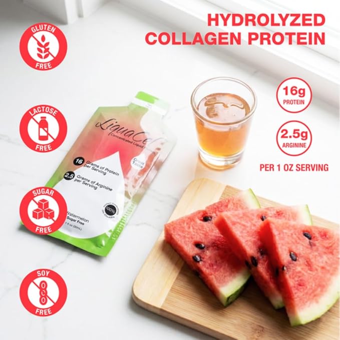 LiquaCel Concentrated Liquid Protein Watermelon Flavor 16g Hydrolyzed Collagen Protein and 2.5g Arginine Per Single-Serving Packet Sugar &amp Gluten Free 1fl oz Packets 30 Pack
