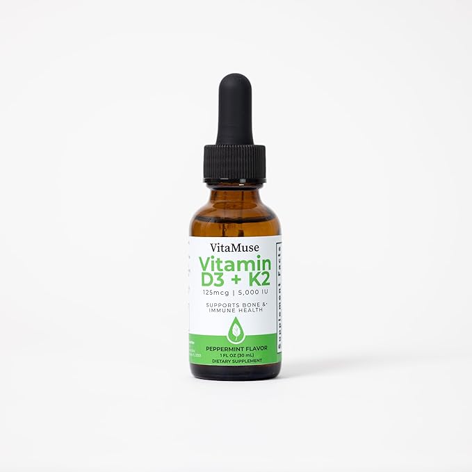 Vitamin D3 + K2 Drops 5000 IU D3 100 mcg K2 MK-7 Peppermint Flavor Liquid Tincture with Organic Oils Non-GMO Gluten-Free 1 fl oz